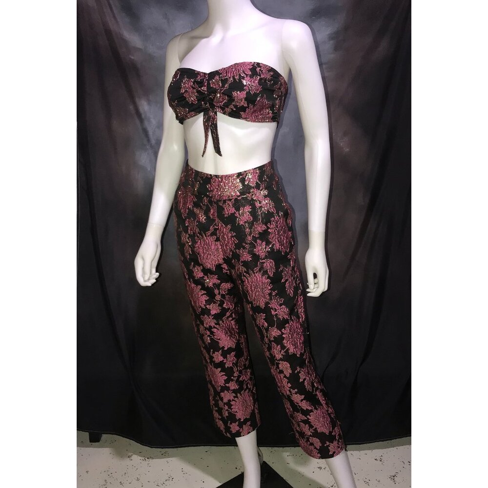 For Love & Lemons Bandeau & Dress Pants Set, Size M, Black Pink w/Metallic Gold